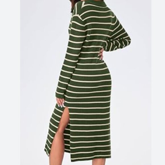 Saodimallsu Striped Summer Loose Maxi Green White Sweater Dress Army Green M/L - Picture 2 of 2